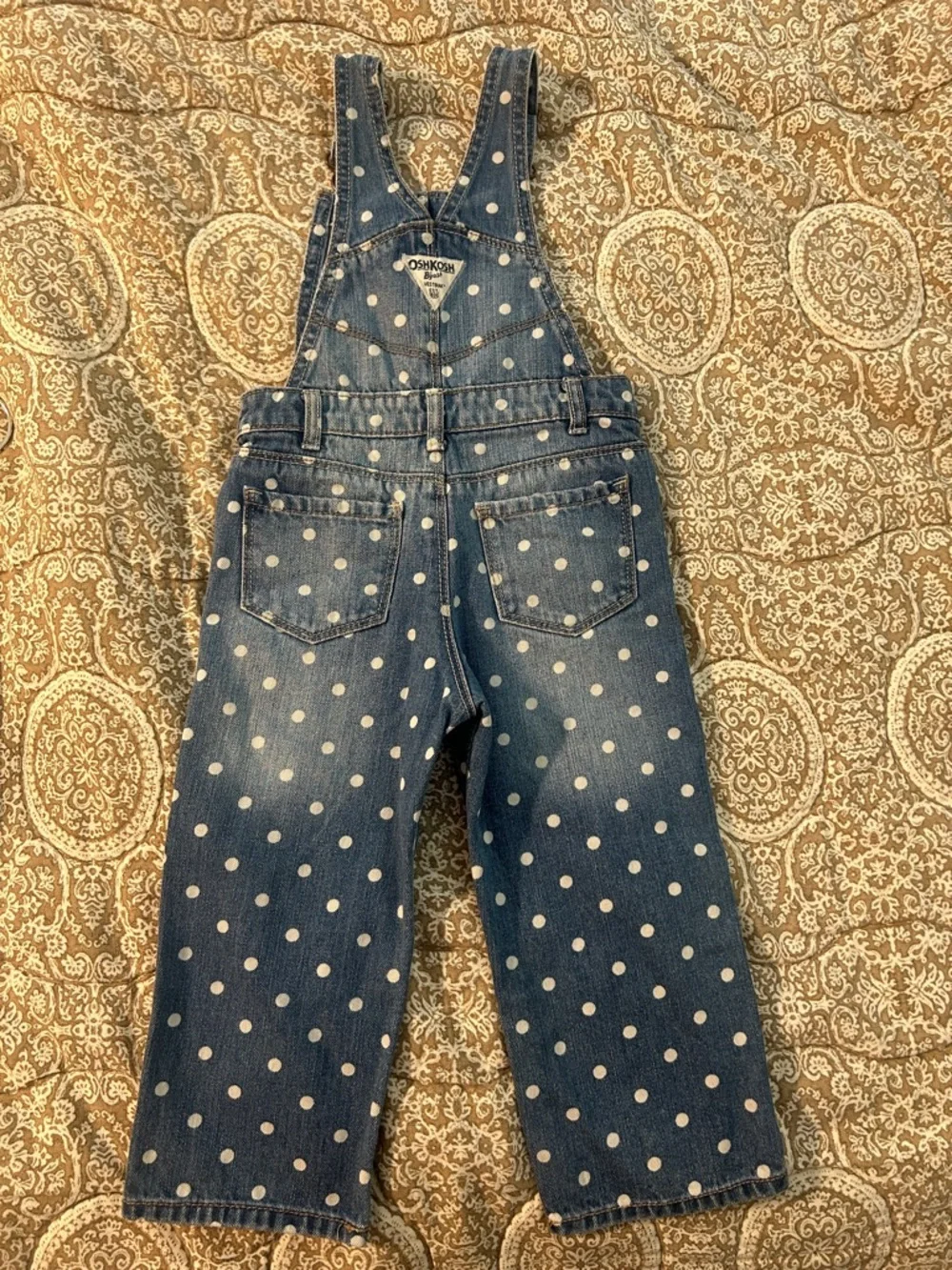 OshKosh B'gosh White Polka Dot Denim Overalls, Size 2T